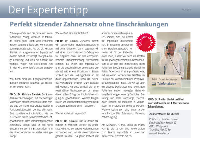 Bild des Advertorials über die Telefonaktion der Zahnarztpraxis in der Westdeutschen Zeitung Wuppertal